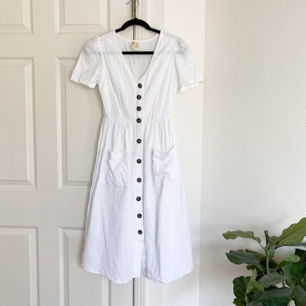 White Short Sleeve Midi Dress with Buttons